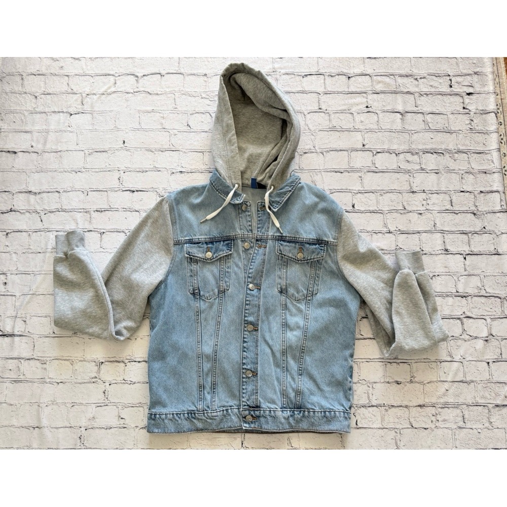Divided H & M Denim Jean Jacket Large Cotton Hooded Sleeve Sweatshirt Gray NWOT
